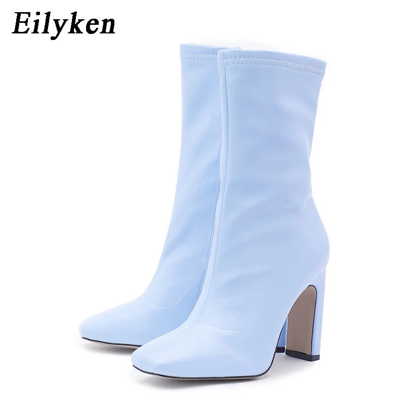 Eilyken Size 35-42 Women Square Head Ankle Boots Fashion High Heels Autumn Winter Shoes Zipper Office Lady Blue Botas De Mujer