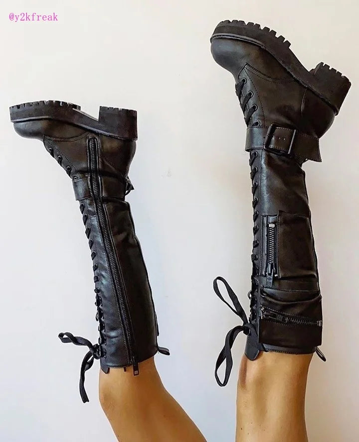 Y2K Grunge Boots Punk Goth Motorcycle Boots Platform Chunky Heel Wedge Lace Up Thick Bottom Winter Shoes Egirl Knee High Lolita