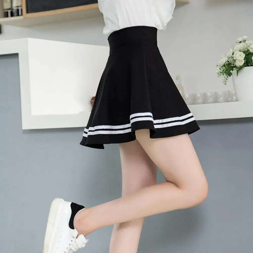 Women Skirt Solid Color High Waist Stripe Midi Pleated Skirts Girls Black White A Line Mini School Skirt Uniform Large Size