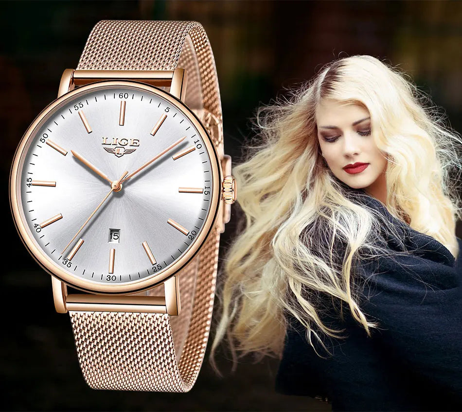 LIGE Women's Watches Top Brand Luxury Waterproof Watch Woman Fashion Ladies Mesh Belt Wristwatch Casual Quartz Clock Reloj Mujer