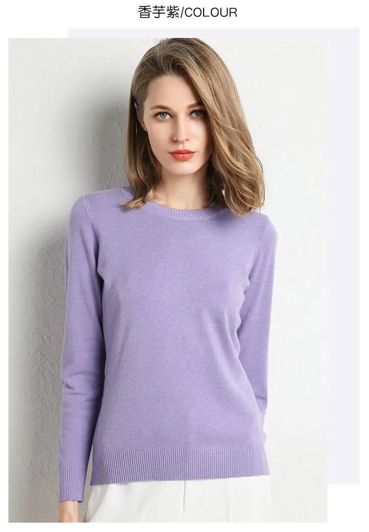 Women Merino Wool Sweater O-Neck Pullover Spring Autumn Long Sleeve Knitwear Slim Solid Color Fashion Bottoming Clothing Tops