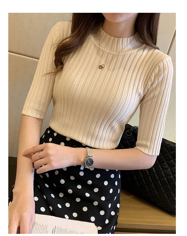 Casual Knitted Tee Shirt Elegant Short Sleeve Tops Fashion Basic Woman T-shirt Femme Elasticity Poleras De Mujer Camisetas 13466