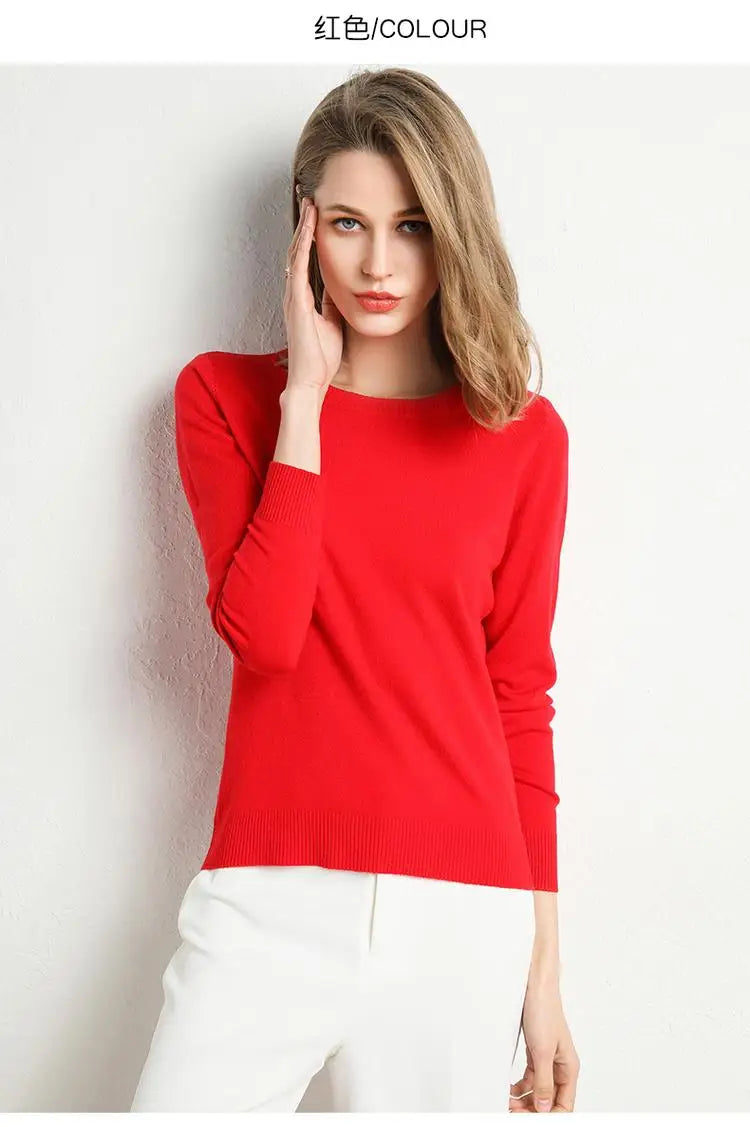 Women Merino Wool Sweater O-Neck Pullover Spring Autumn Long Sleeve Knitwear Slim Solid Color Fashion Bottoming Clothing Tops