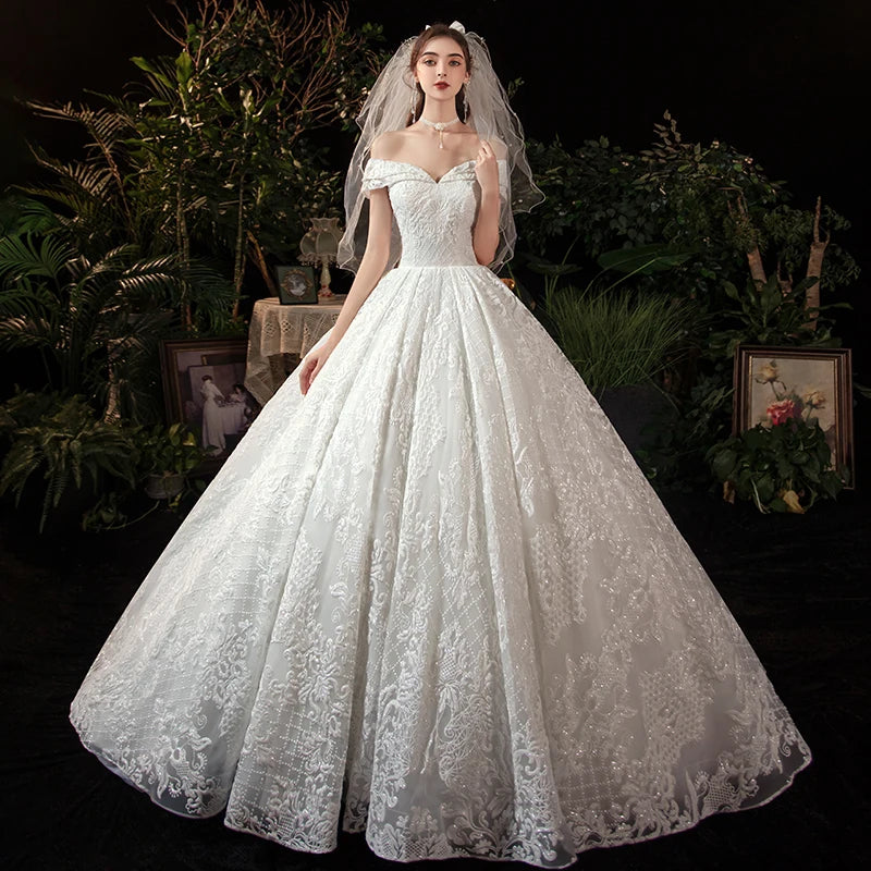 Wedding Dress 2023 Vestido De Noiva Elegant Boat Neck Wedding Gown With Train Princess Luxury Lace Robe De Mariee