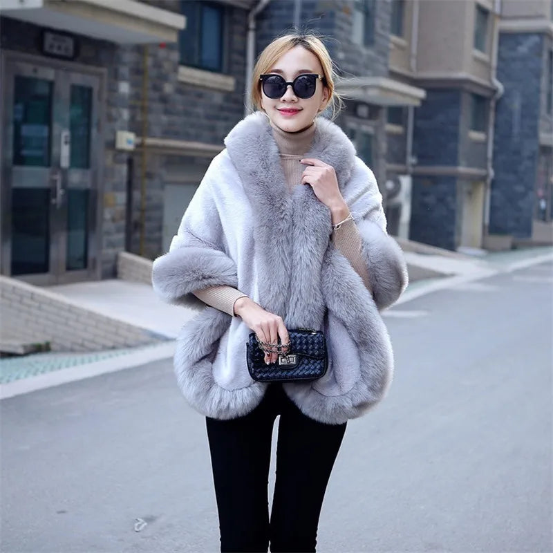 Winter Ladies' Genuine Knitted Mink Fur Shawls Fox Fur Collar Women Fur Pashmina Wraps Bridal Cape Coat Jacket