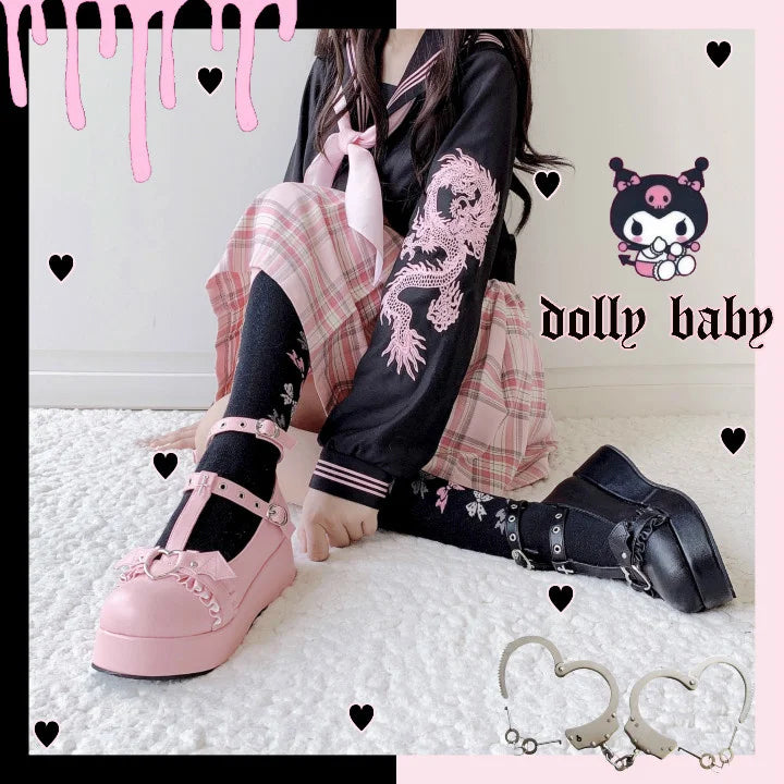 Platform Lolita Kawaii Pu Shoes Bowknot Demon Dark Goth Punk Devilian Little Bat Style Loli Cosplay High Heel 5.5cm