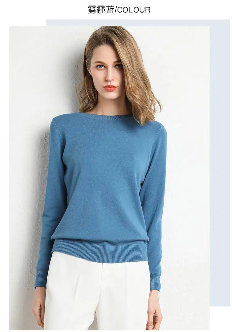 Women Merino Wool Sweater O-Neck Pullover Spring Autumn Long Sleeve Knitwear Slim Solid Color Fashion Bottoming Clothing Tops