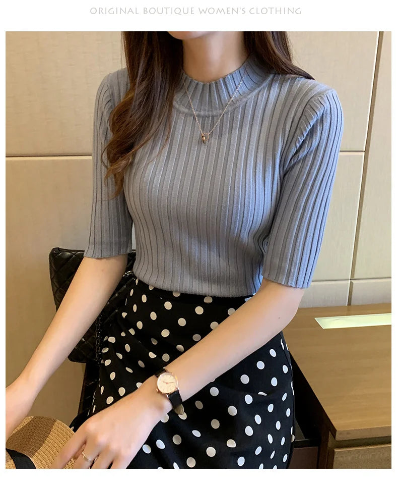 Casual Knitted Tee Shirt Elegant Short Sleeve Tops Fashion Basic Woman T-shirt Femme Elasticity Poleras De Mujer Camisetas 13466