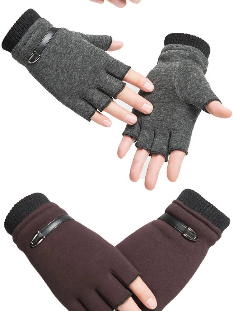 Man Women Winter Keep Warm Plus Velvet Thicken Thin Outdoor Sports Climb Cycling Drive Fitness Half Finger Tactical Gloves Suede