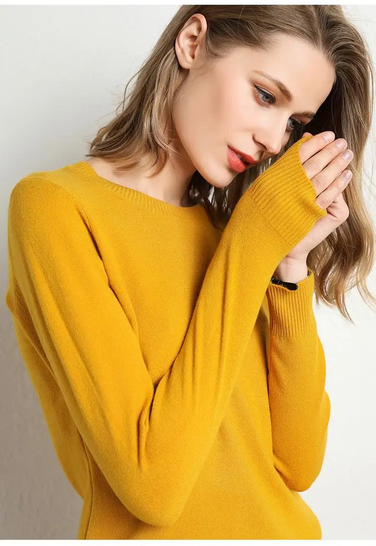 Women Merino Wool Sweater O-Neck Pullover Spring Autumn Long Sleeve Knitwear Slim Solid Color Fashion Bottoming Clothing Tops