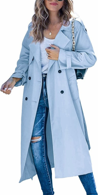 Blue Women's Casual Long Button Closure Windbreaker