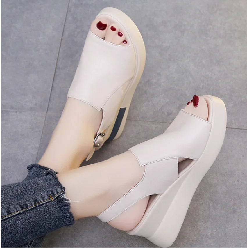 Thick-soled Wedge Sandals Women 2022 New Summer High-heeled Fish Mouth Women's Shoes Soft Leather High Platform Shoes Slippers