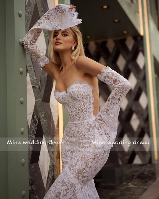 Sweetheart 3/4 Flare Sleeves Mermaid Lace Weddding Dresses Backless See Through  And Zipper Bridal Gowns