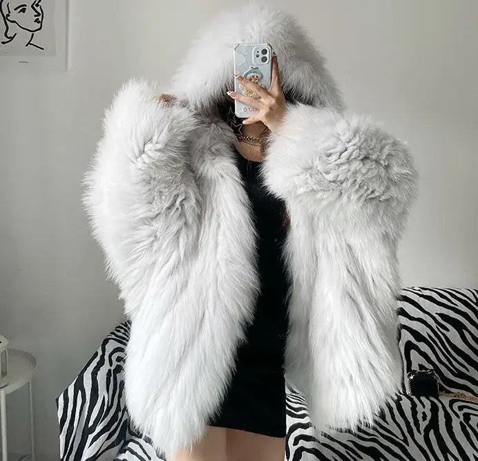 Faux Fur Jackets for Women Autumn Winter Short Bat Full Sleeve Hooded Coats Slim Spliced Thick Coat Loose Open Stitch Jacket