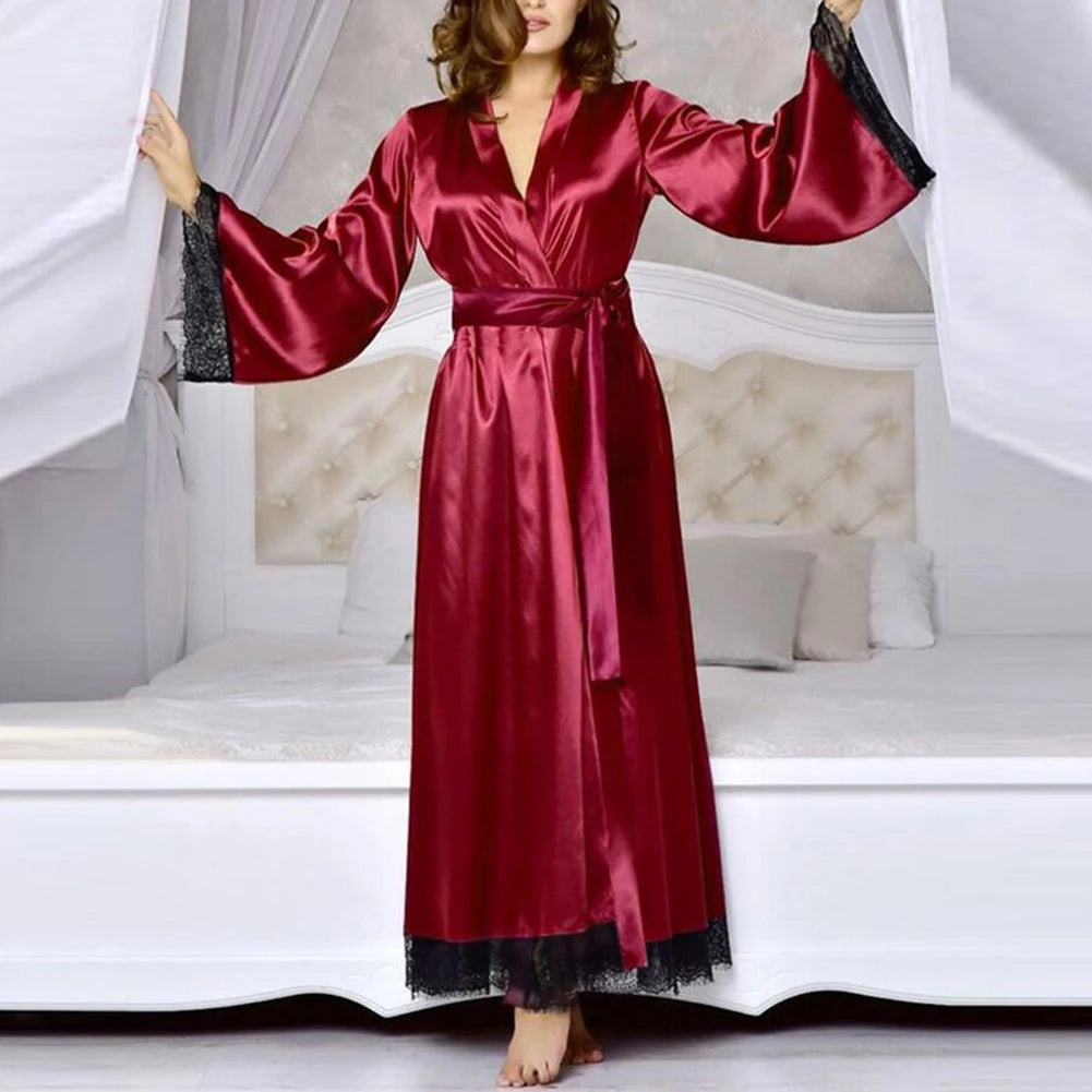 Sexy Women's Silk Satin Long Bathrobe Romance Lace Edge Kimono Robe Nightdress Nightgown Nightwear Sleepwear Home Clothes Female