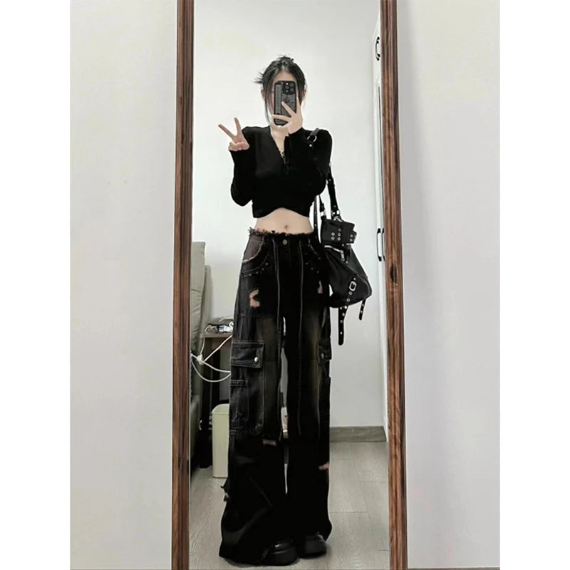 Women's 90s Vintage Black Gothic Cargo Jeans Y2k High Waist Wide Leg Denim Trousers Harajuku Baggy Jean Pants Emo 2000s Clothes