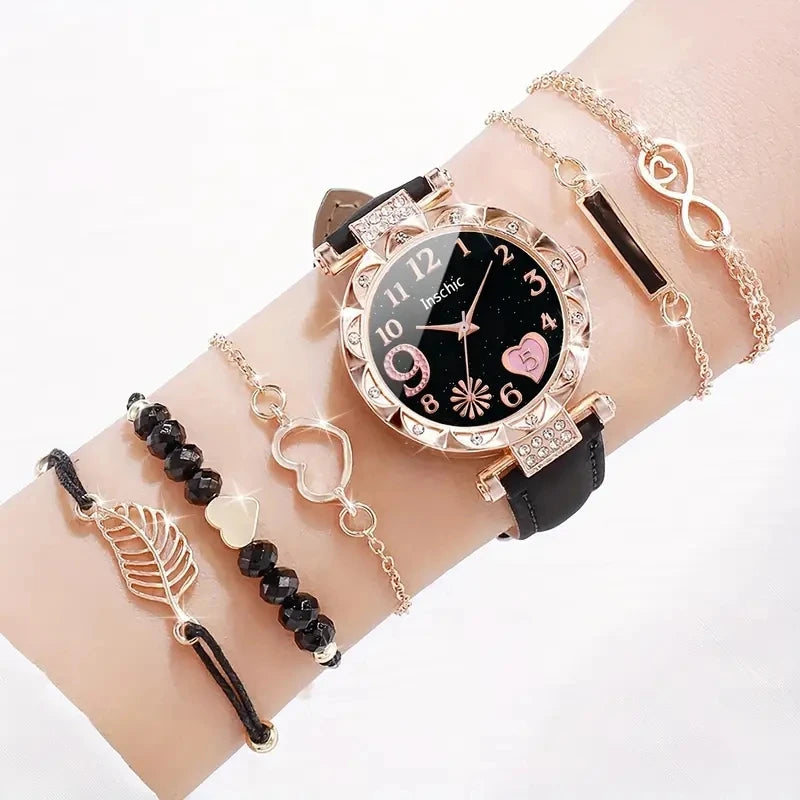 6PCS/Set Women's Watches Fashion Rhinestone Heart Dial Leather Band Quartz Watch Leaf Bracelets Set(Without Box)