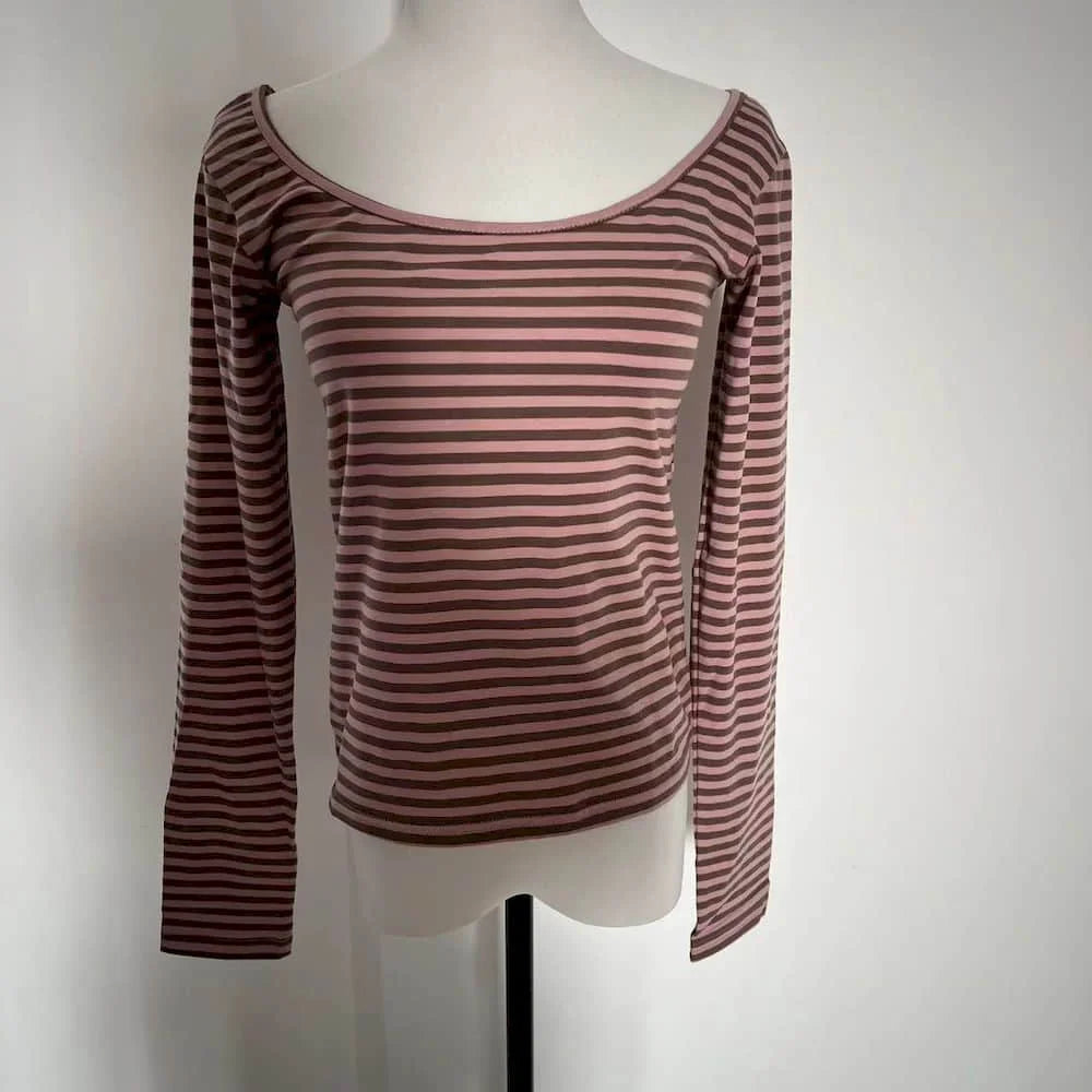 Sweet  Gentle Retro Stripe Versatile Tee Slim Fit Long Sleeved T-shirt Round Neck Bottom Shirt Short Top Female Clothes