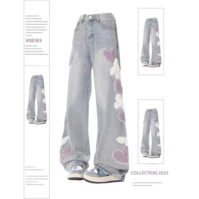 Women Jeans with Heart Vintage Y2k 90s Aesthetic Baggy Denim Trouser 2000s Harajuku Kawaii Wide Cowboy Pants Trashy Clothes 2023