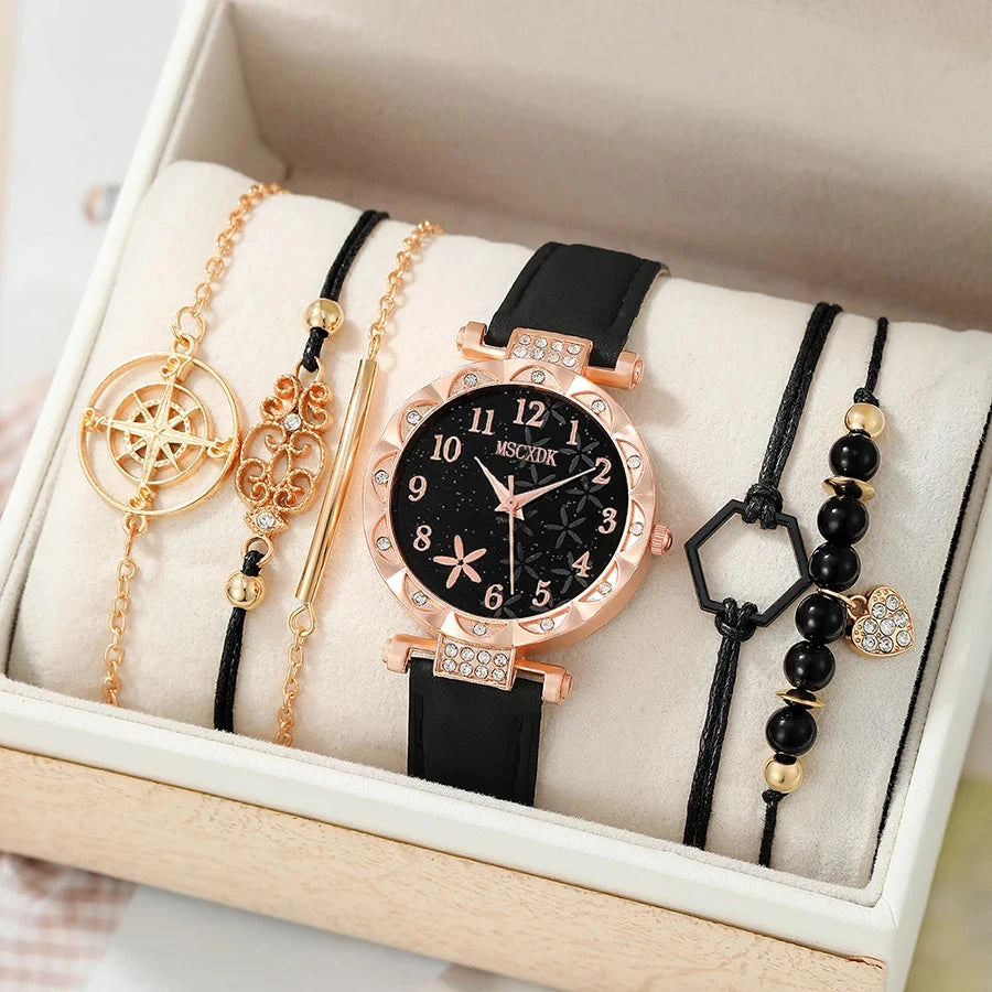 6pcs Black Flower Quartz Watch Dainty Bracelet For Women Leisure Casual Round Rhinestone Hollowed Pattern Bracelet Set