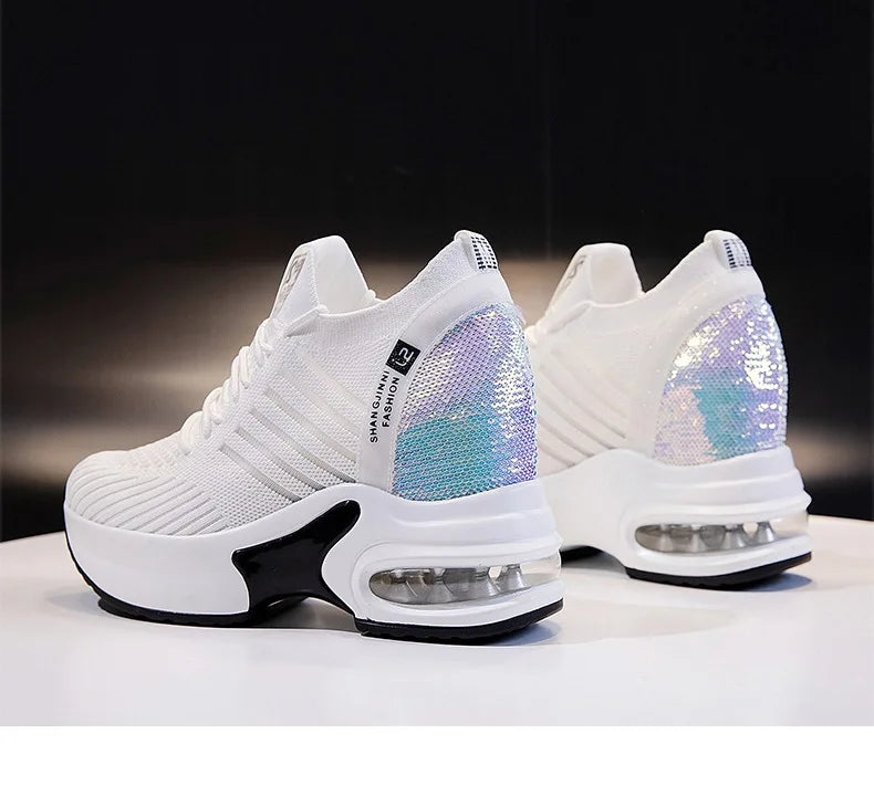 Women's Sneakers Spring Sequined Casual Shoes Women Platform Heels Wedges Height Increasing 2022 Knitted Ladies Vulcanized Shoes