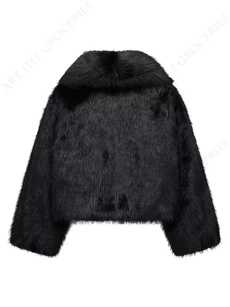 Black Fluffy Faux Fur Jackets Women Loose Furry Turn Down Collar Long Sleeve Coats Female Winter Vintage Warm Lady Overcoat