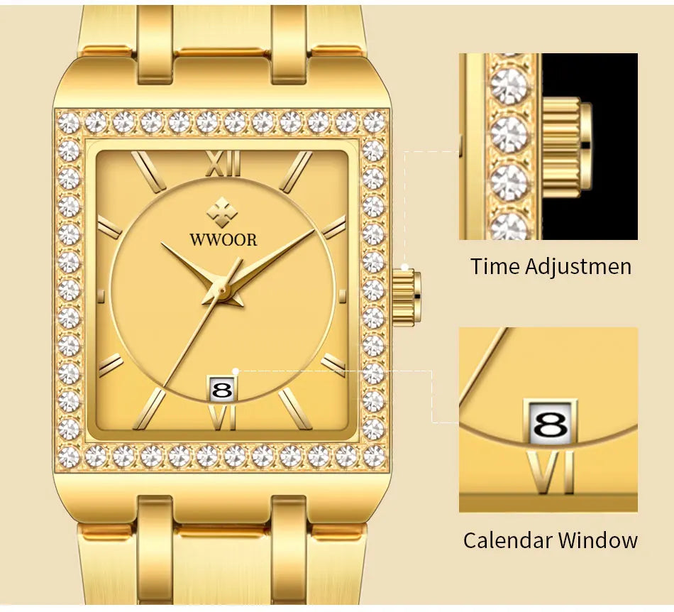 WWOOR Reloj New Fashion Ladies Diamond Watch Top Brand Luxury Square Wrist Watch Simple Women Dress Small Watch Relogio Feminino