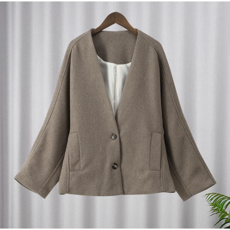 Women Vintage Blends Fit Blazer Coat Fashion Loose Double Breasted Long Sleeve Pockets Female Jackets Chic Lady Commuter Coats