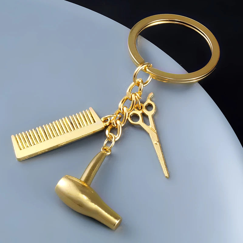 Fashion Creative Key Chain Hair Dryer Scissor Comb Shape Pendant Key Ring Men Women Gold Silver Color Metal Car Key Holder Gifts