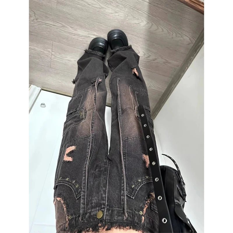 Women's 90s Vintage Black Gothic Cargo Jeans Y2k High Waist Wide Leg Denim Trousers Harajuku Baggy Jean Pants Emo 2000s Clothes