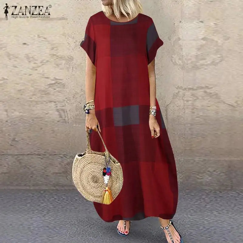 ZANZEA Bohemian Plaid Checked Sundress Summer Short Sleeve Long Dress Fashion Holiday Party Vestido Femme Casual Loose Robe 2023