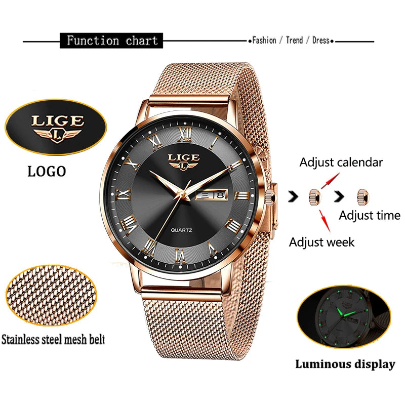 LIGE Fashion Elegant Quartz Women's Watch Bracelet Casual Business Clock Movement Simple Waterproof Mesh Belt Ladies Watches NEW