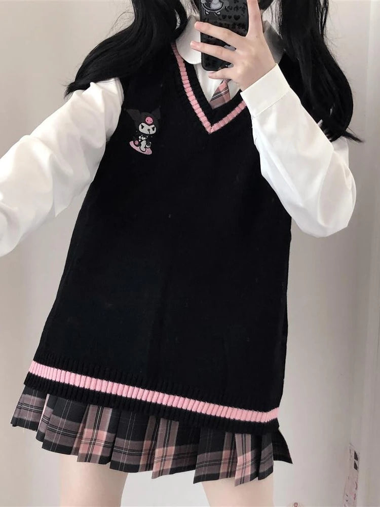 2024 School Kawaii Sweater Vest Cartoon Waistcoat Sweet Cute Preppy Style Women Pullover V-neck Embroidery Japanese Lolita Tops