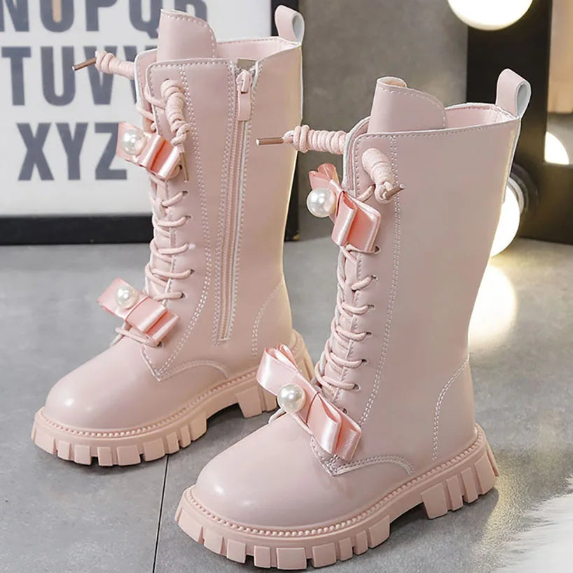 Winter Long Boots For Girls Luxury Pearl Bow Teenager Girl's Fashion Boots Faux Fur Thick Warm Cotton Snow Boots For Girls