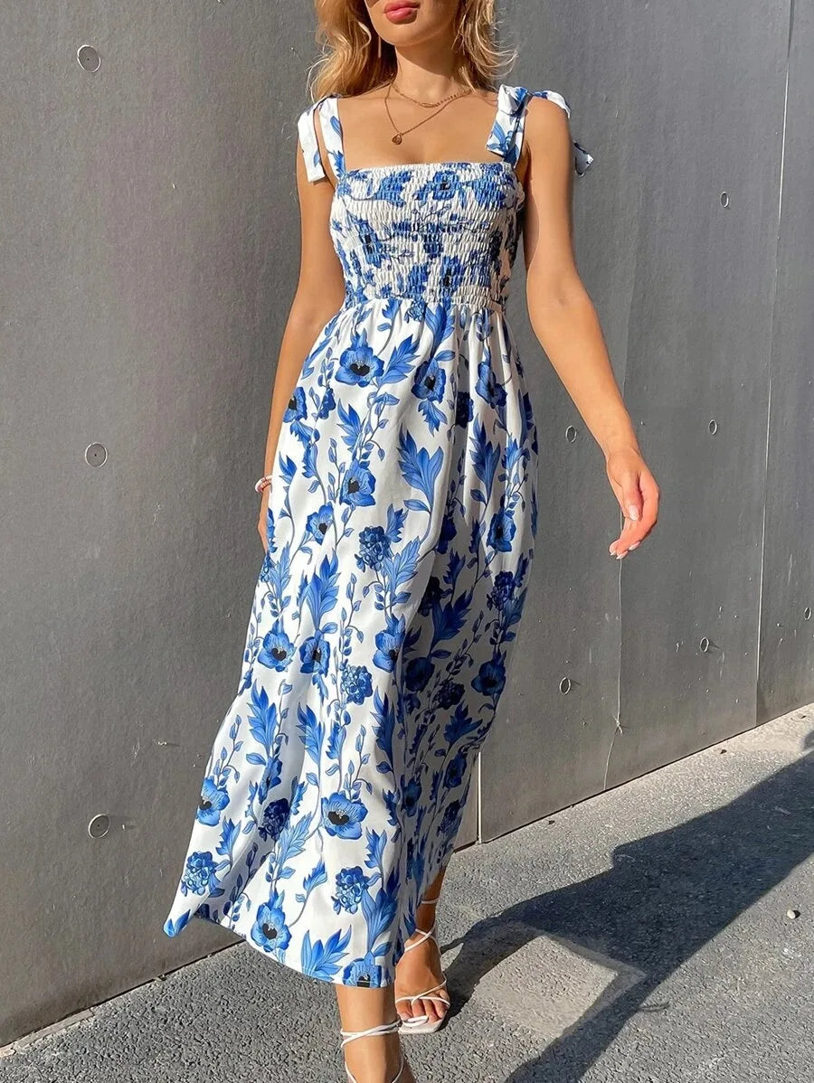 Floral Long Dress Women Fashion Backless Sleeveless Bandage Beach Sundress Casual Green Summer Ladies New In Dresses 2023