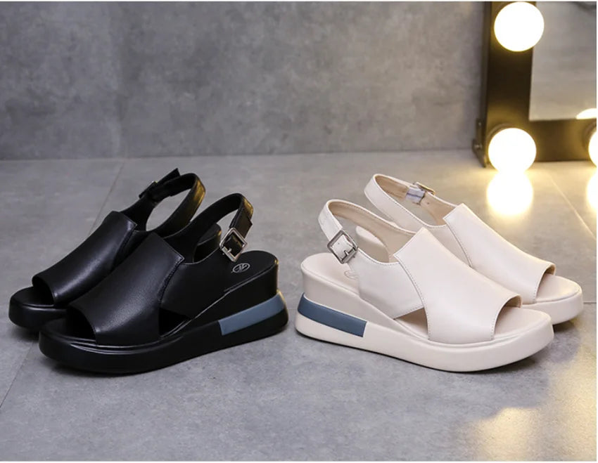 Thick-soled Wedge Sandals Women 2022 New Summer High-heeled Fish Mouth Women's Shoes Soft Leather High Platform Shoes Slippers