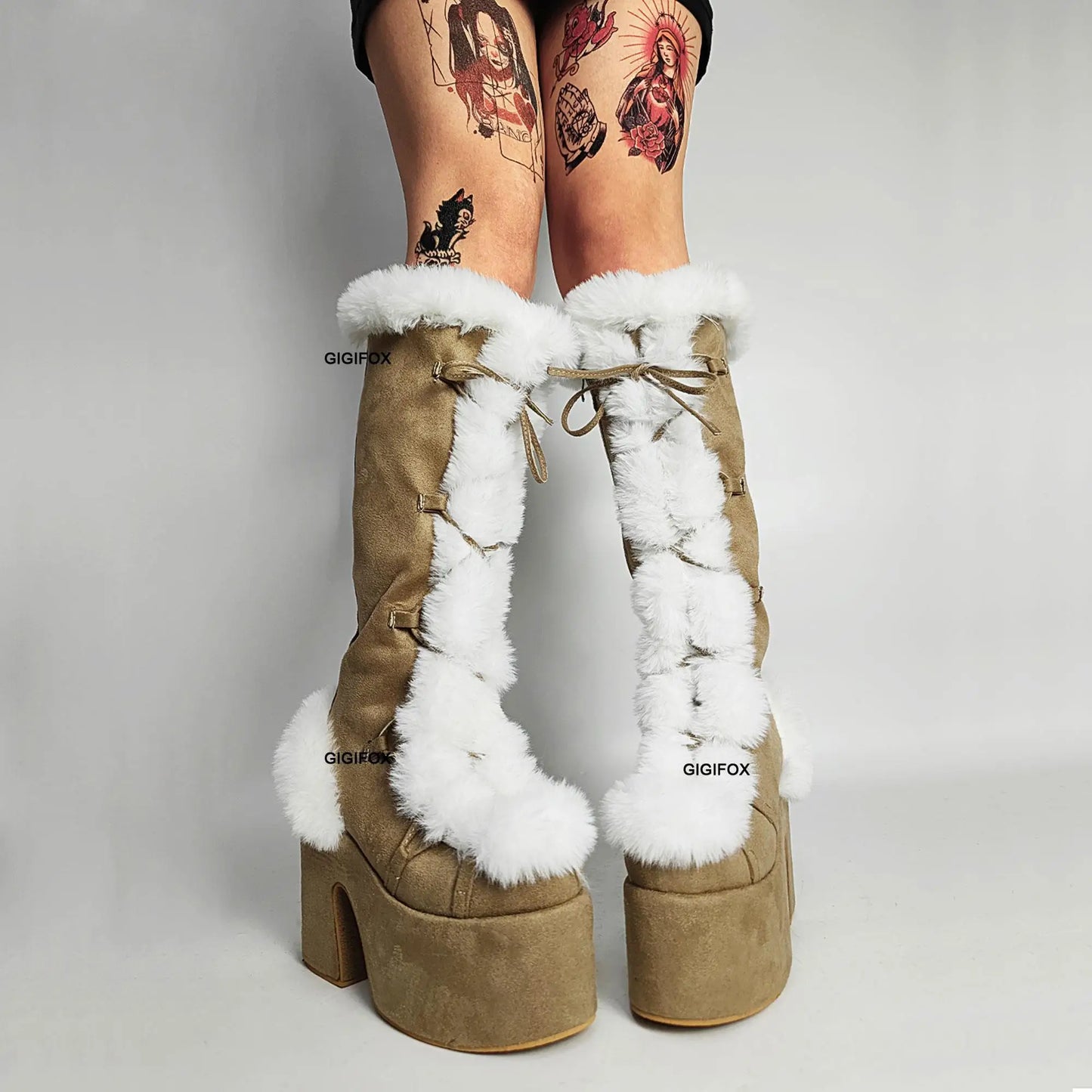 GIGIFOX Platform Furry Boots Chunky High Heeled Winter Autumn Knee High Boots Women Faux Fur Zip Gothic Style Punk Shoes Ladies