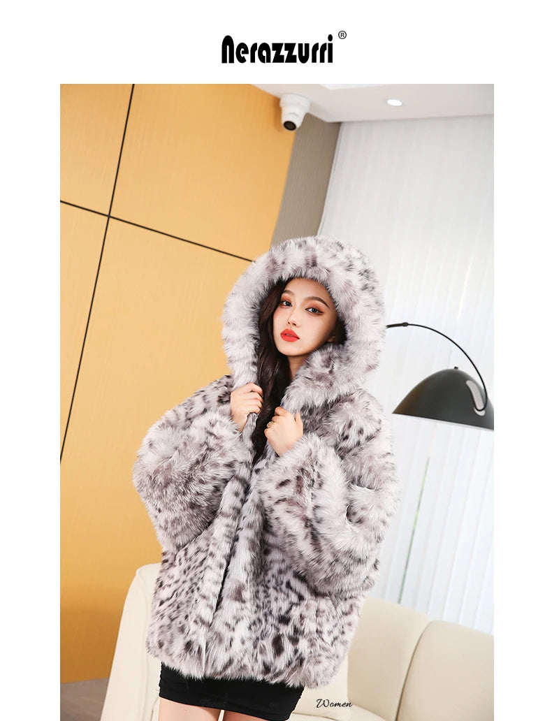 Nerazzurri Autumn Winter Loose Stylish Luxury Colorful Hairy Thick Warm Soft Faux Fur Coat Women with Hood Fluffy Jacket 2023