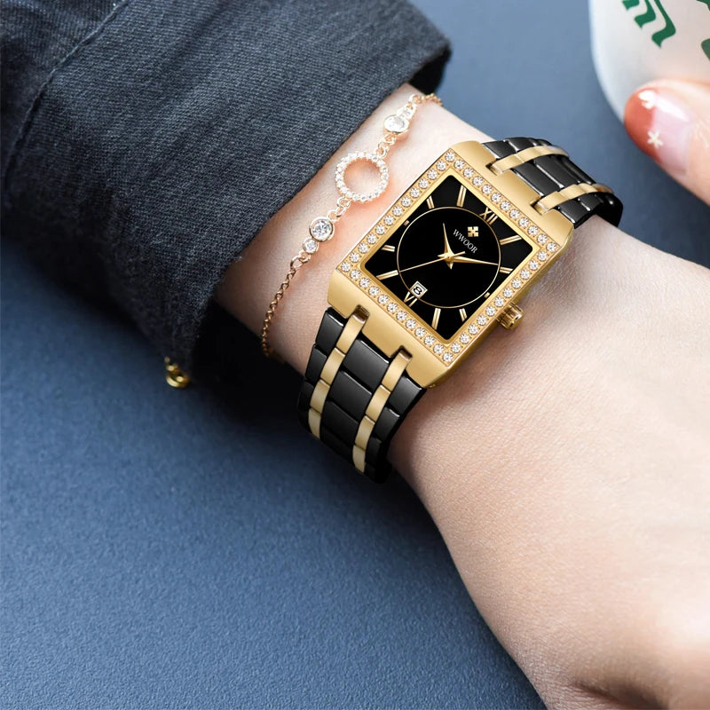 WWOOR Reloj New Fashion Ladies Diamond Watch Top Brand Luxury Square Wrist Watch Simple Women Dress Small Watch Relogio Feminino