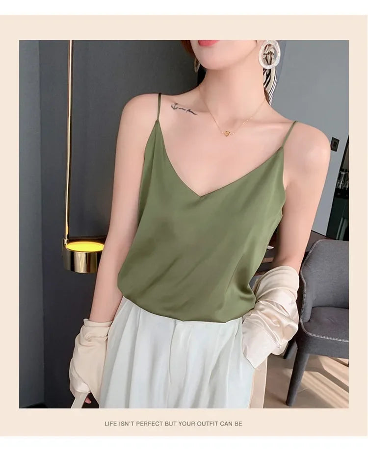 100 silk real silk 2023 summer women's clothing new slim v-neck short temperament inner top one-shoulder camisole