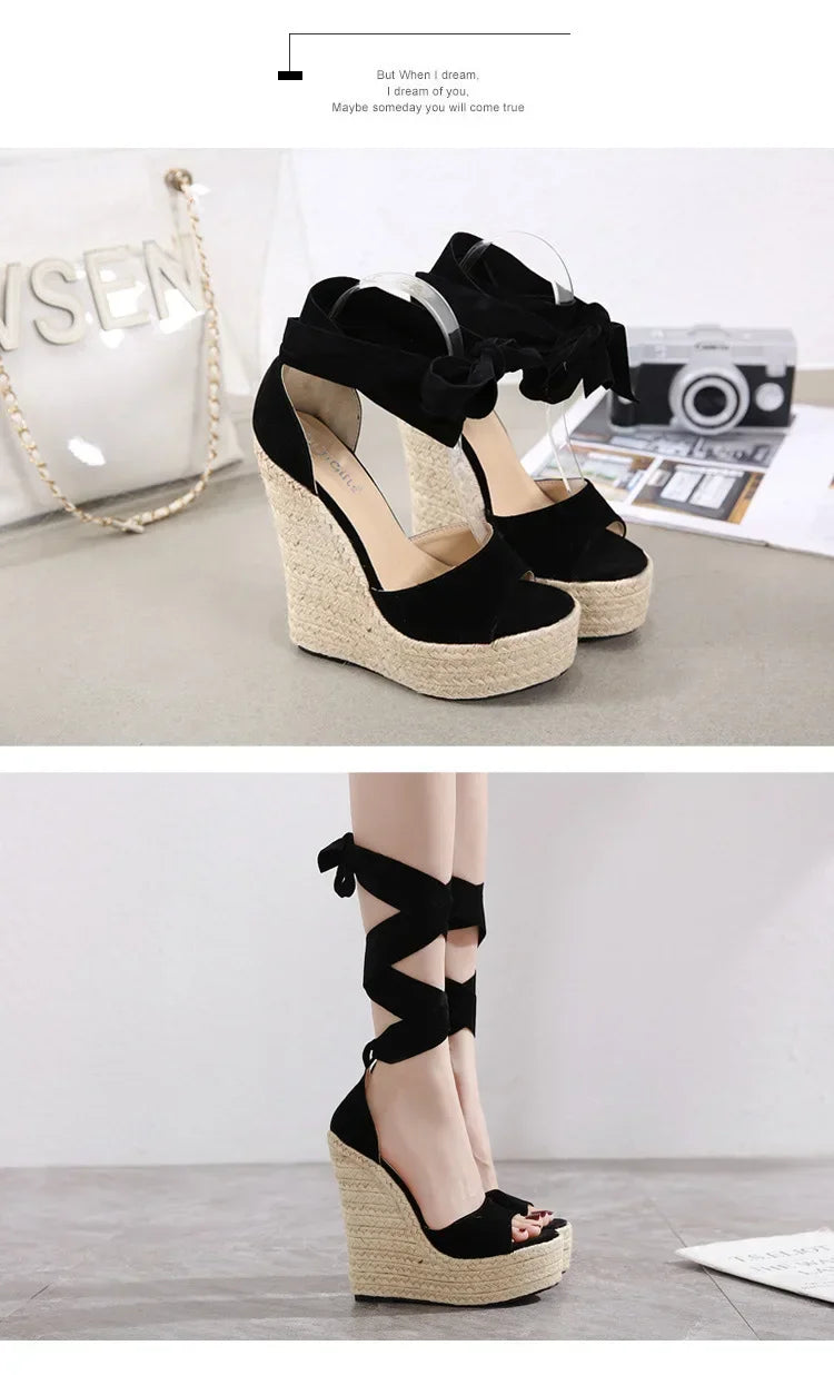 Ladies Sandals Women Shoes Cloth Solid Color Slope Heel Round Shape Thick Bottom Increase  Roman  Platform