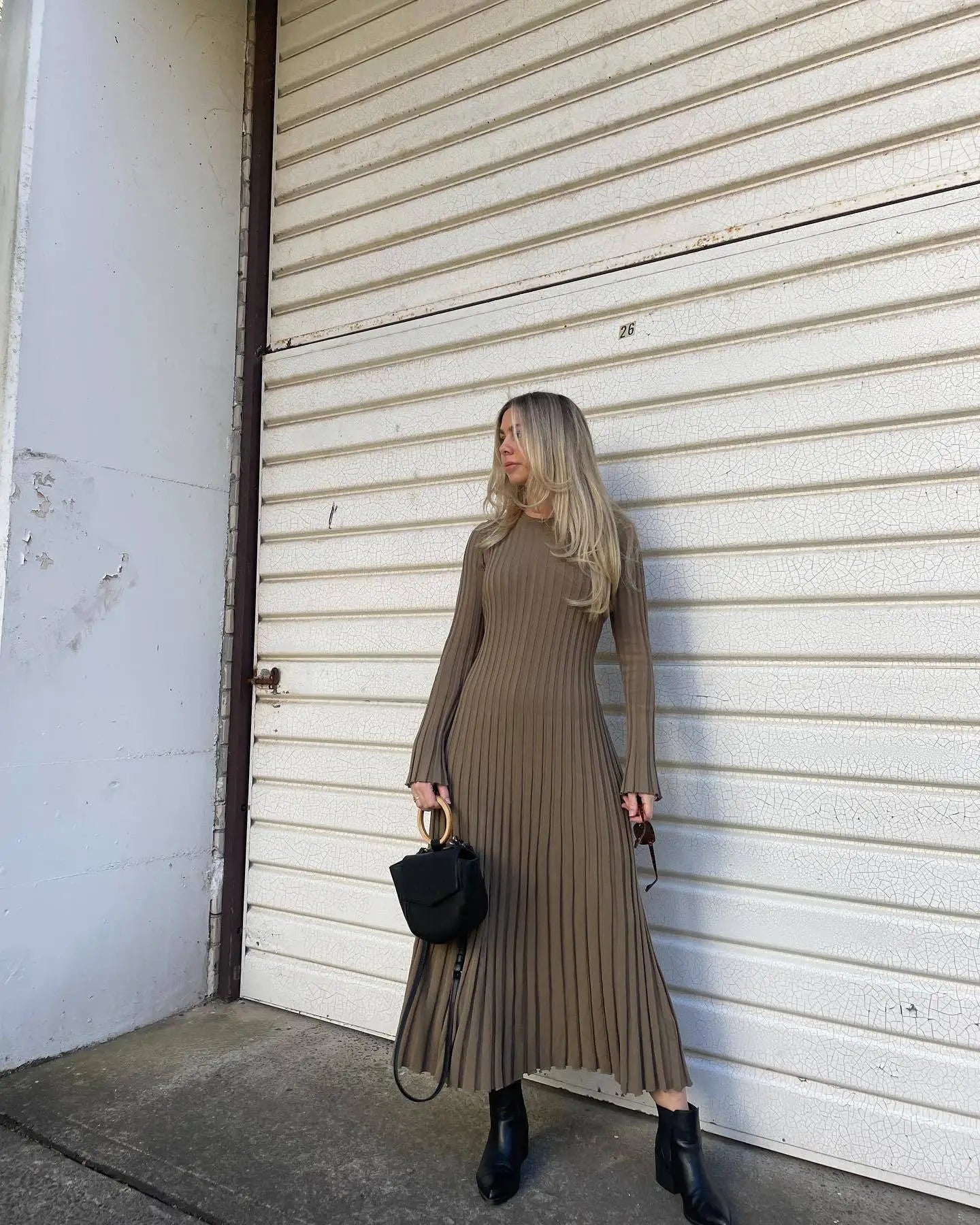 Lace-Up Female Knit Maxi Dress Autumn High Waist Fashion Patchwork Long Sleeve Loose Solid Dress Bandage Knitwear Dress