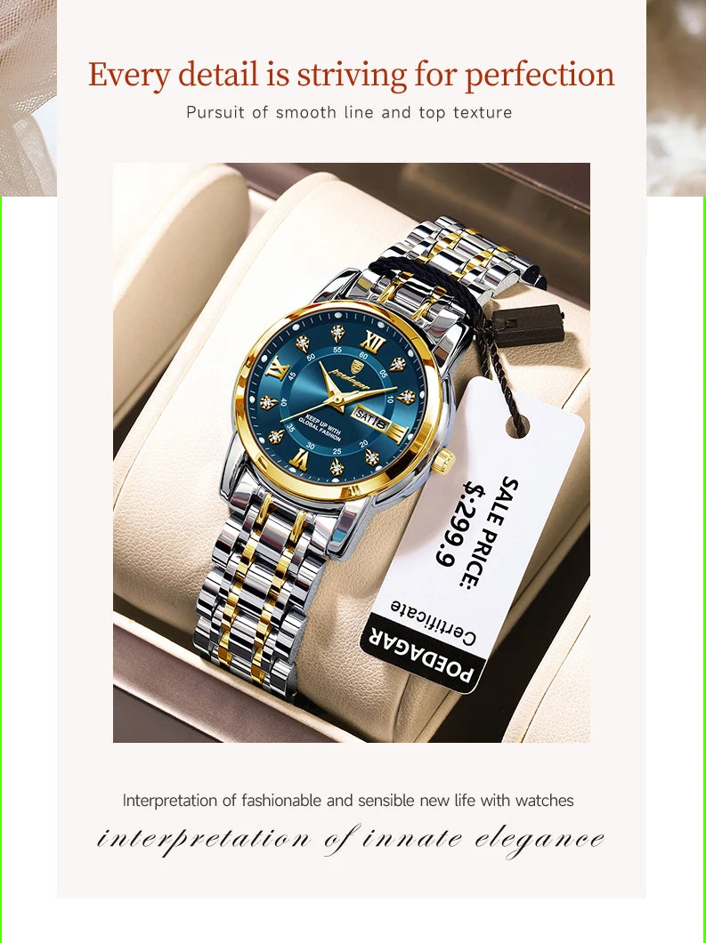 POEDAGAR Women Wristwatch Luxury Quartz Ladies Watch Waterproof Stainless Steel Luminous Date Week Women's Watches Dress Clock