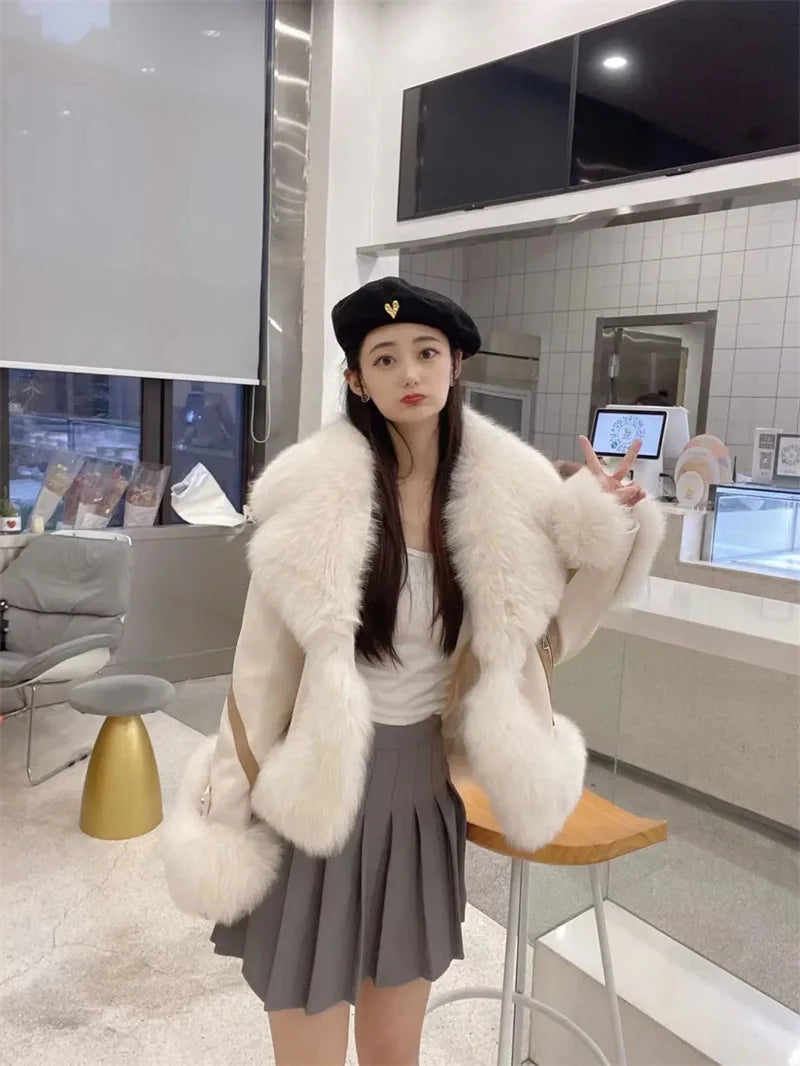 New 2024 Fox-Like Fur Coat Women Parkas Short Autumn Winter Temperament Jacket Fashion Suede Warm Cotton Padded Coat Female Tops