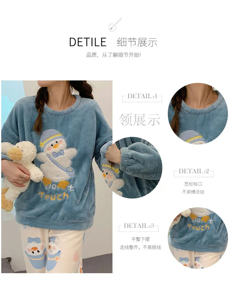 Winter Cute Duck Flannel Pajamas Set for Women Kawaiii Pattern Teddy Sleepwear for Girl Fashion Pullover Velvet Woman's Pijamas