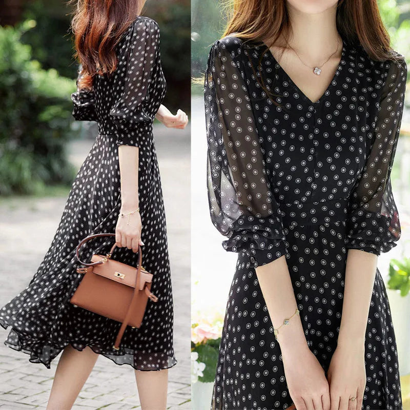 Polka Dot Print Chiffon Elegant Dresses for Women 2023 Summer New Vintage Fashion V-Neck Half Sleeve Casual Ladies Midi Dress