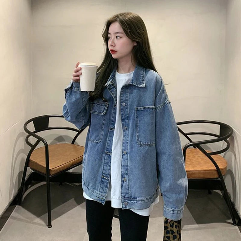 Women's Loose Denim Coat Korean Style Single-Breasted Long Sleeve Jacket Woman 2024 Spring Autumn Vintage Casual Jean Tops Mujer