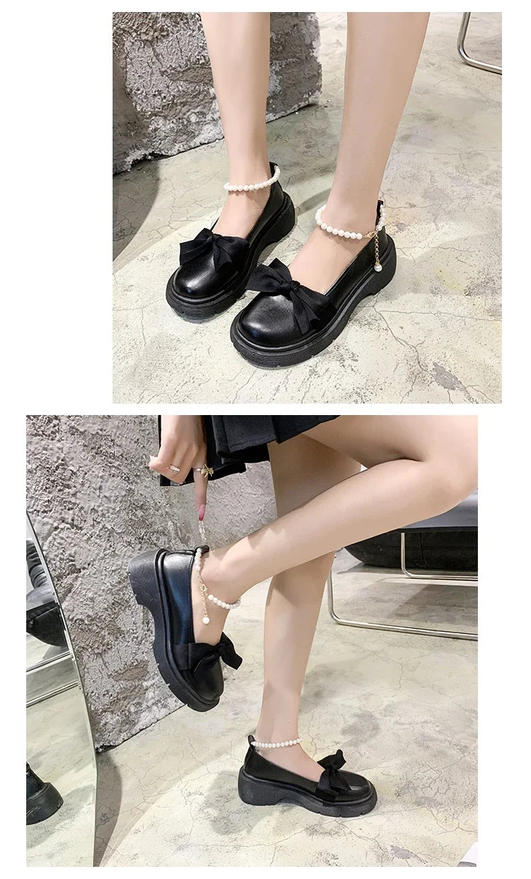 Women Thick Platform Mary Janes Lolita Shoes Party Pumps Summer 2022 New Sandals Bow Chain Mujer Shoes Fashion Oxford Zapatos