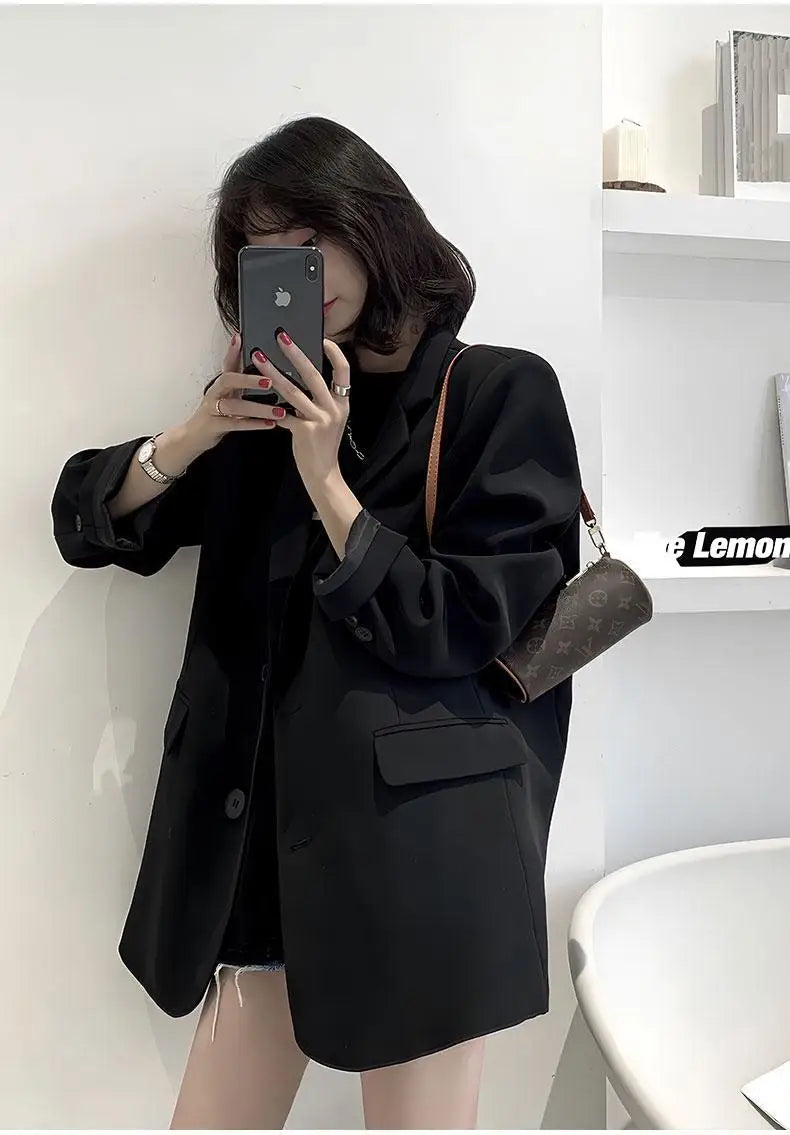 Spring Summerthin Loose Office Lady Fashionable Solid Color Blazers Button Pockets Notched Women's Clothing Long Sleeve Sweet