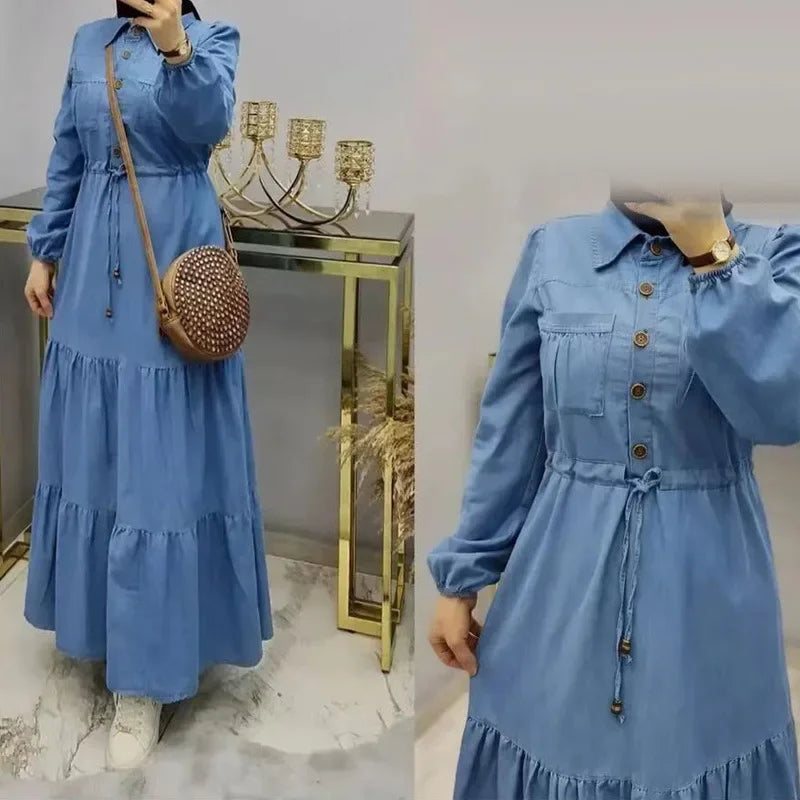 Femme Caftan Islam Clothing Elegant Denim Dress Single-breasted Dubai Turkey Kaftan Muslim Turn Down Collar Dresses for Women